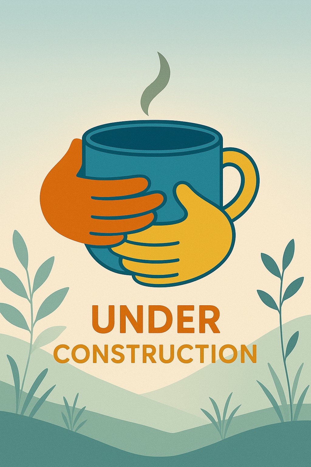 Hands hugging a warm mug with the text Under Construction